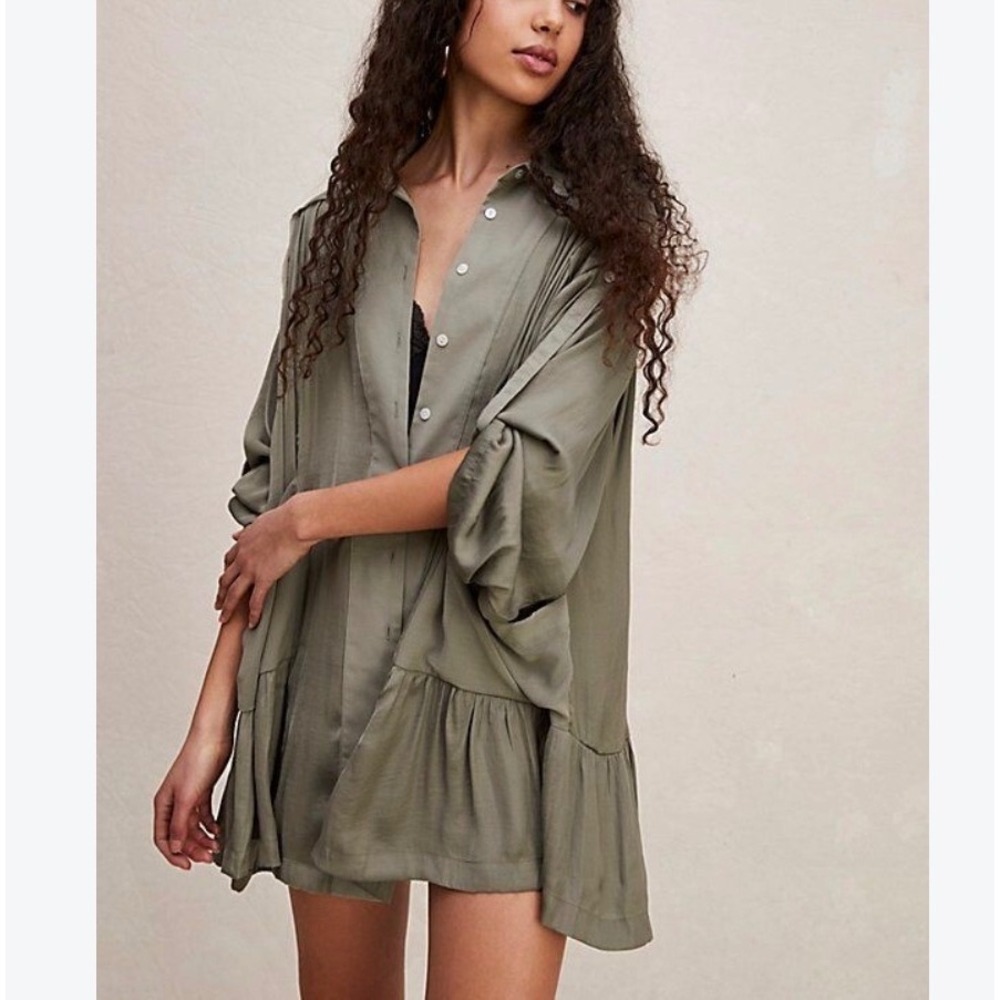 Free People XS Green Moonstruck Shirtdress ~ Oversized Shirt Dress Button Mini
